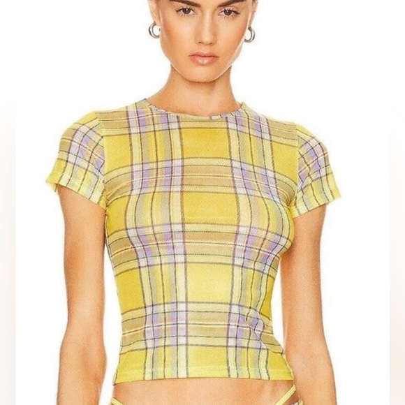 NWT Miaou REVOLVE Plaid Mesh Mini Tee in Dion Plaid Yellow size 1XL - Picture 1 of 10